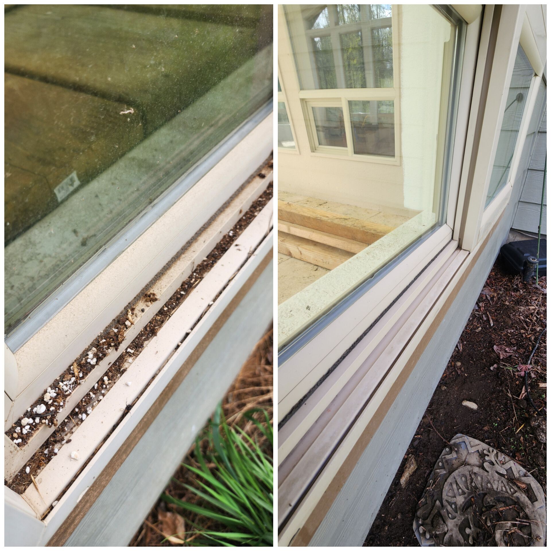 Before and after of a window, showing dirty debris cleaned from the window sill.