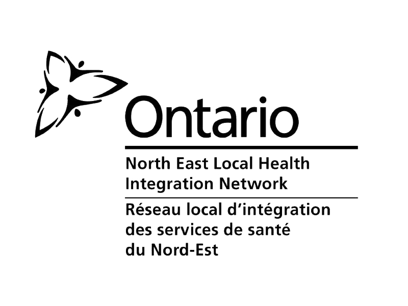 The ontario north east local health integration network logo is black and white.