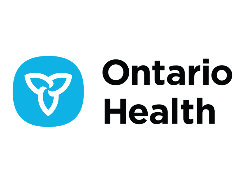 The ontario health logo is a blue circle with a heart in it.