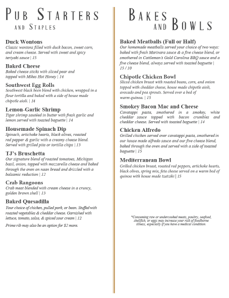 A menu for a restaurant called pub starters and bakes and bowls