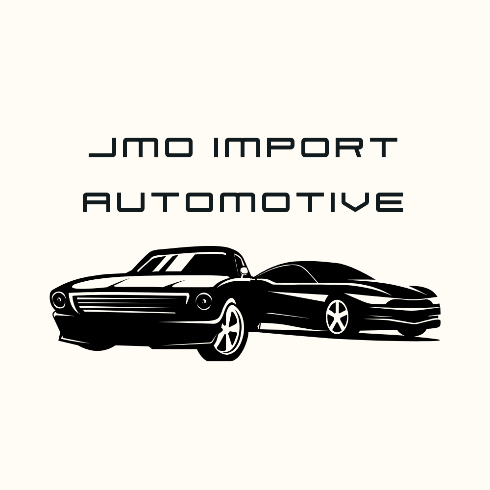 Logo for JMO Import Automotive featuring the text above two black-and-white stylized car silhouettes.