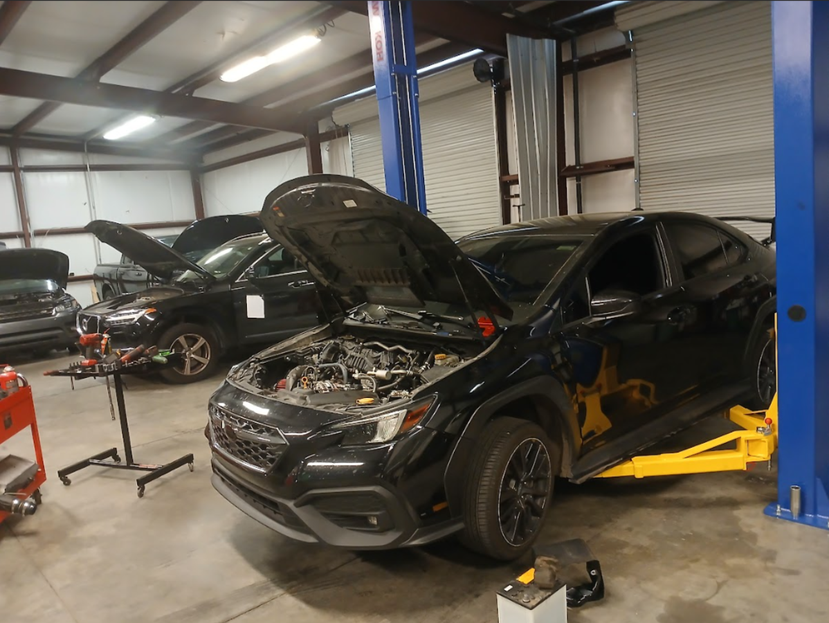 Two black cars with open hoods undergoing maintenance inside a brightly lit automotive repair garage.