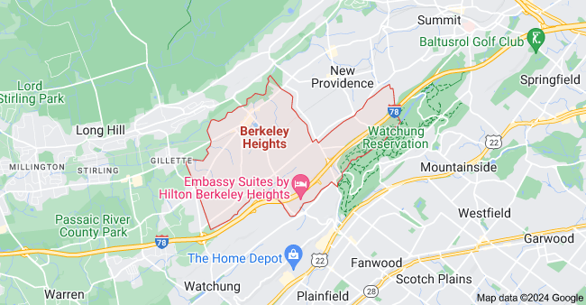A map of Berkeley Heights, New Jersey, showing streets, landmarks, and neighborhoods