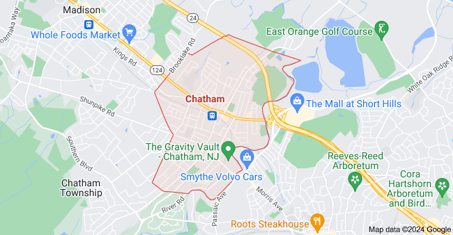 A map of Chatham, New Jersey, showing streets, landmarks, and neighborhoods