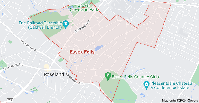 A map of Essex Fells, New Jersey, showing streets, landmarks, and neighborhoods