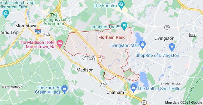 A map of Florham Park, New Jersey, showing streets, landmarks, and neighborhoods