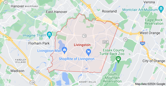 A map of Livingston, New Jersey, showing streets, landmarks, and neighborhoods