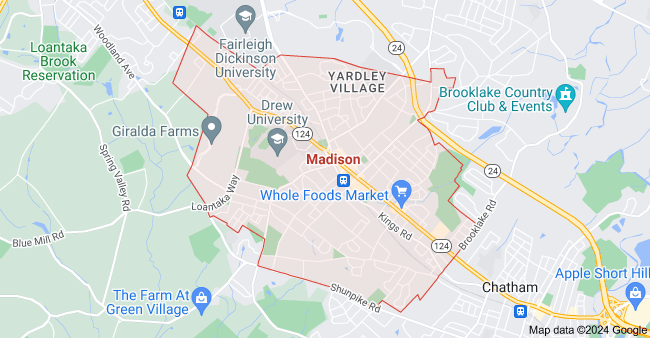 A map of Madison, New Jersey, showing streets, landmarks, and neighborhoods