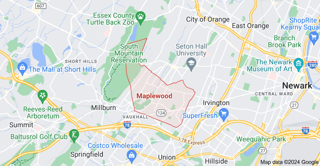 A map of Maplewood, New Jersey, showing streets, landmarks, and neighborhoods