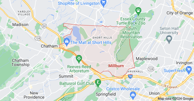 A map of Millburn, New Jersey, showing streets, landmarks, and neighborhoods