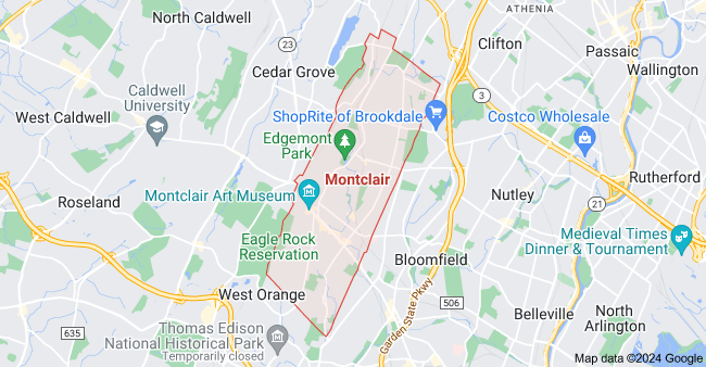 A map of Montclair, New Jersey, showing streets, landmarks, and neighborhoods