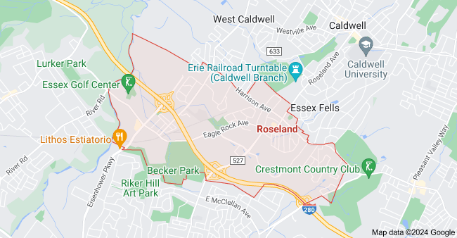 A map of Roseland, New Jersey, showing streets, landmarks, and neighborhoods