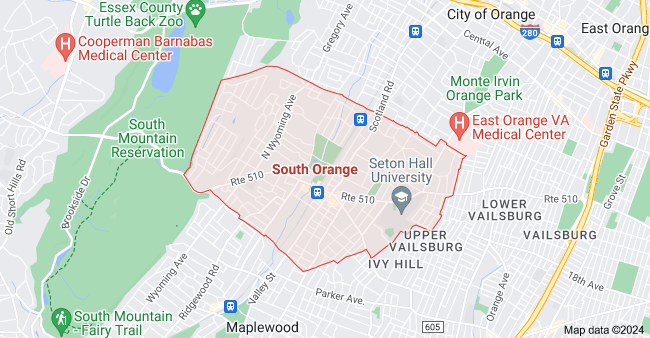 A map of South Orange, New Jersey, showing streets, landmarks, and neighborhoods