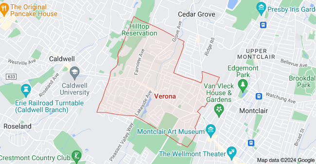 A map of Verona, New Jersey, showing streets, landmarks, and neighborhoods