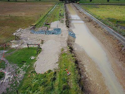 An aerial view of a river running through a field.