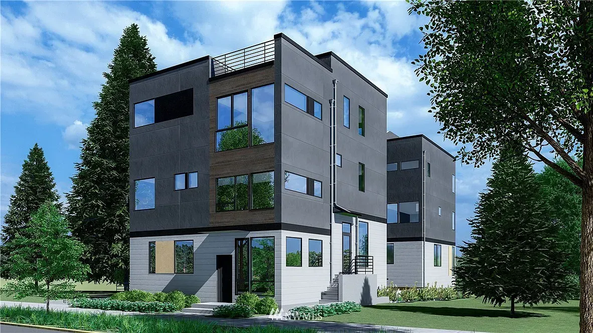 An artist 's impression of a modern apartment building surrounded by trees and grass.