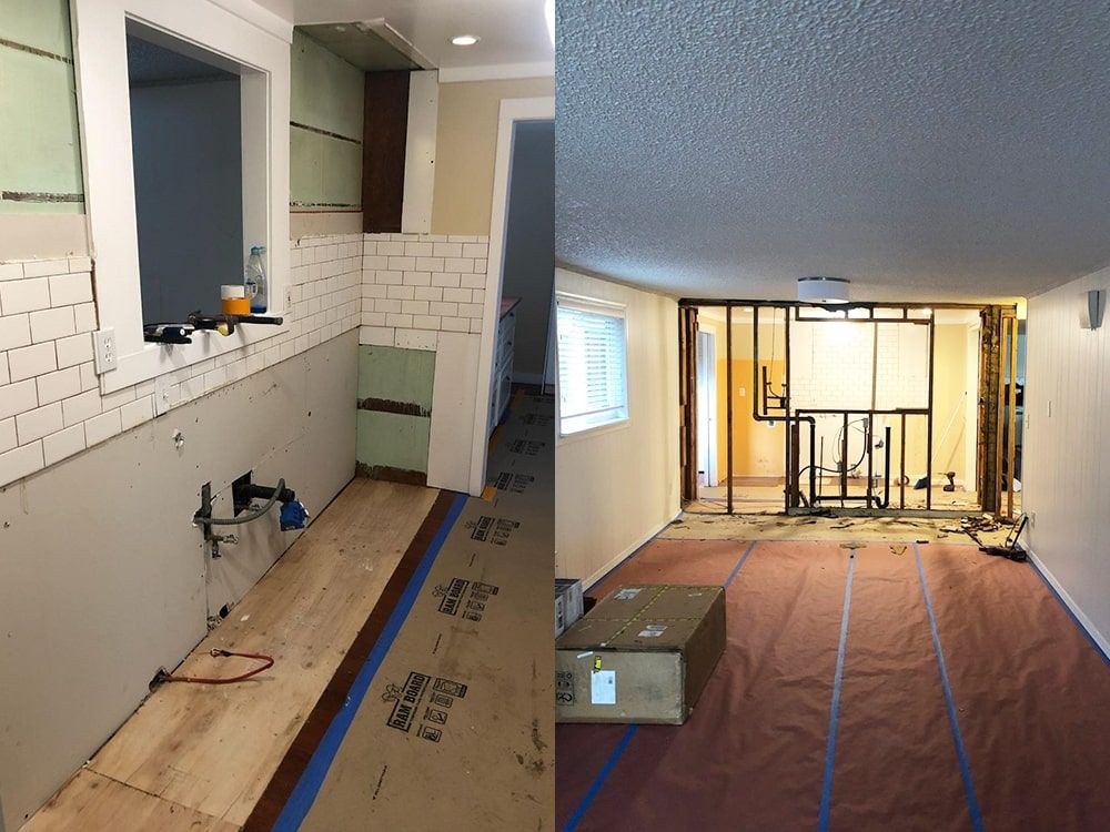 A before and after photo of a kitchen and living room being remodeled.