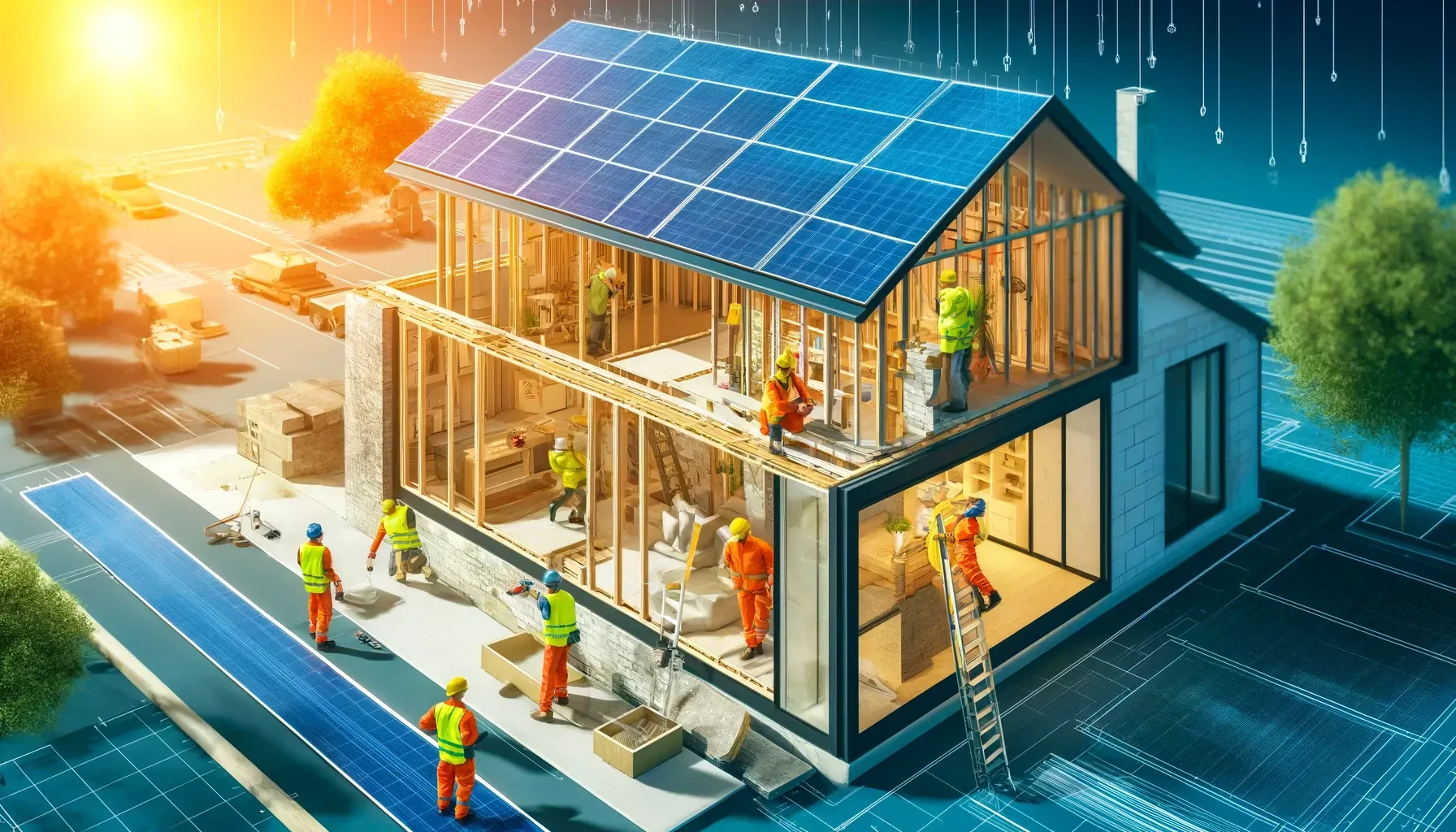 An aerial view of a house being built with solar panels on the roof.