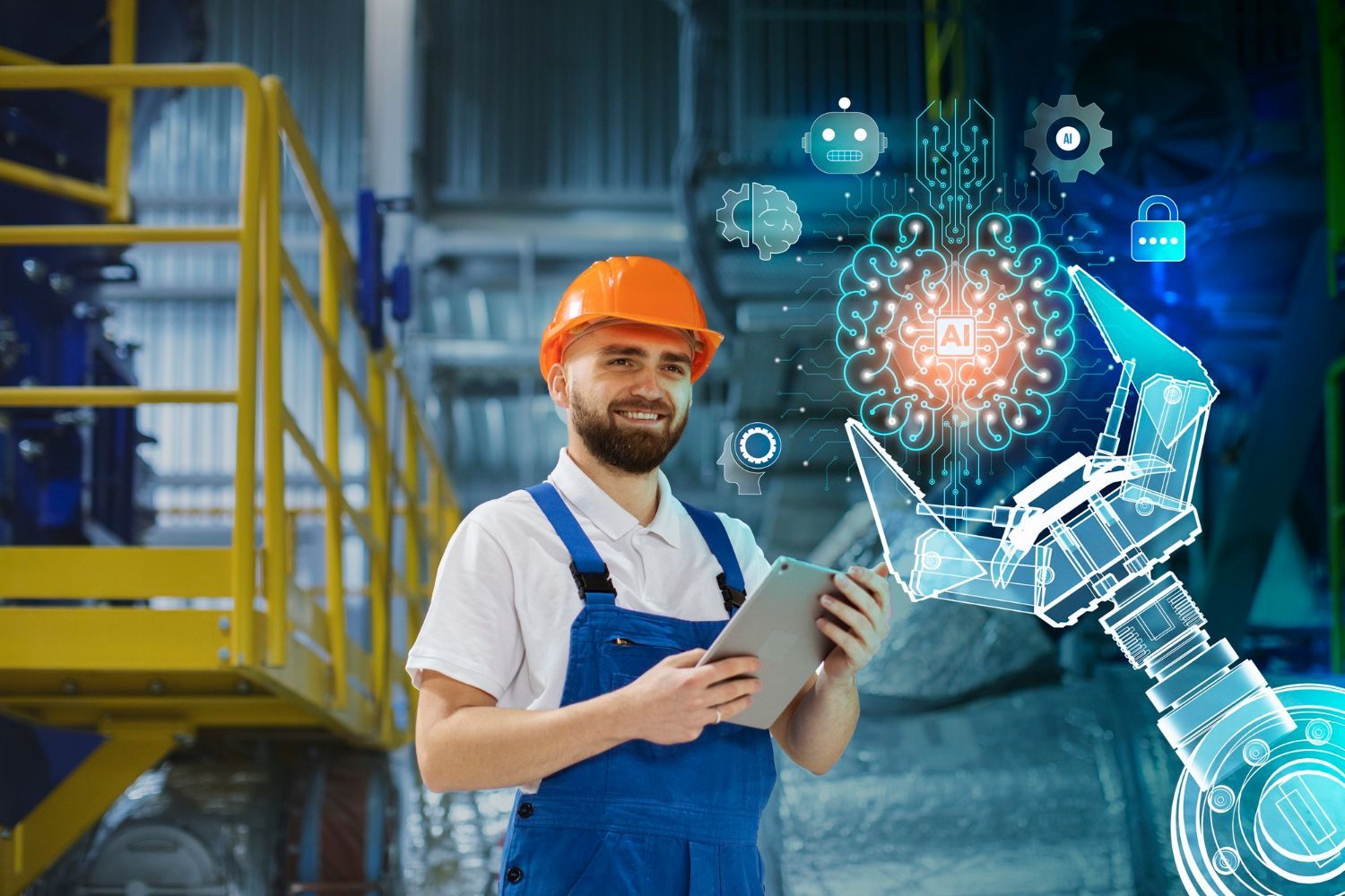 A man in a hard hat is holding a tablet in a factory.