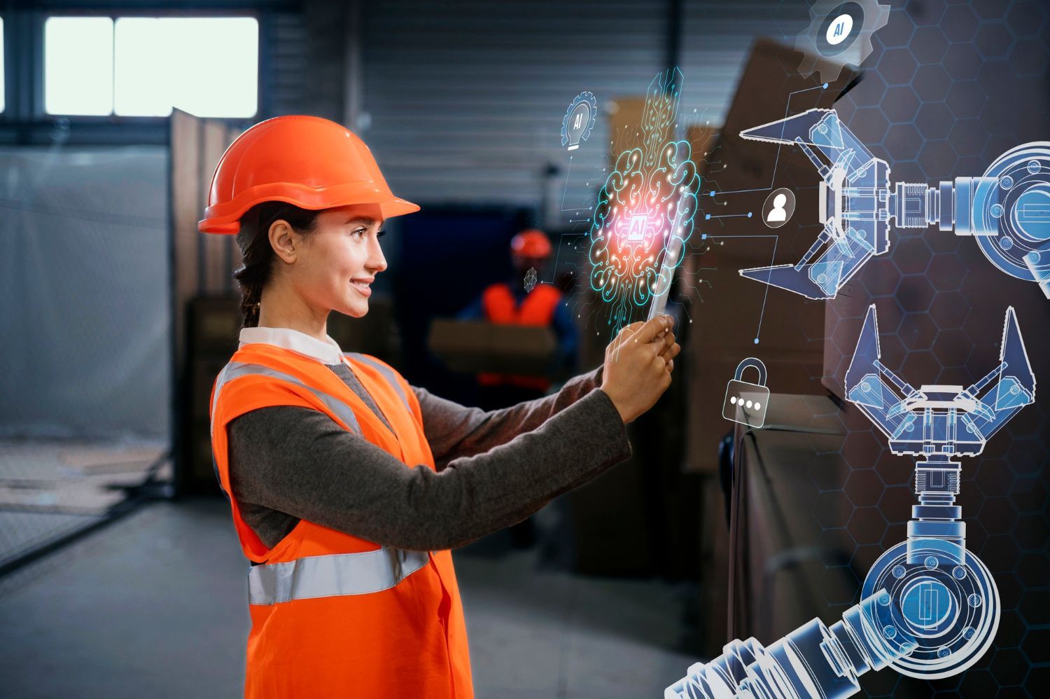 A woman in a hard hat is using a tablet in a factory.