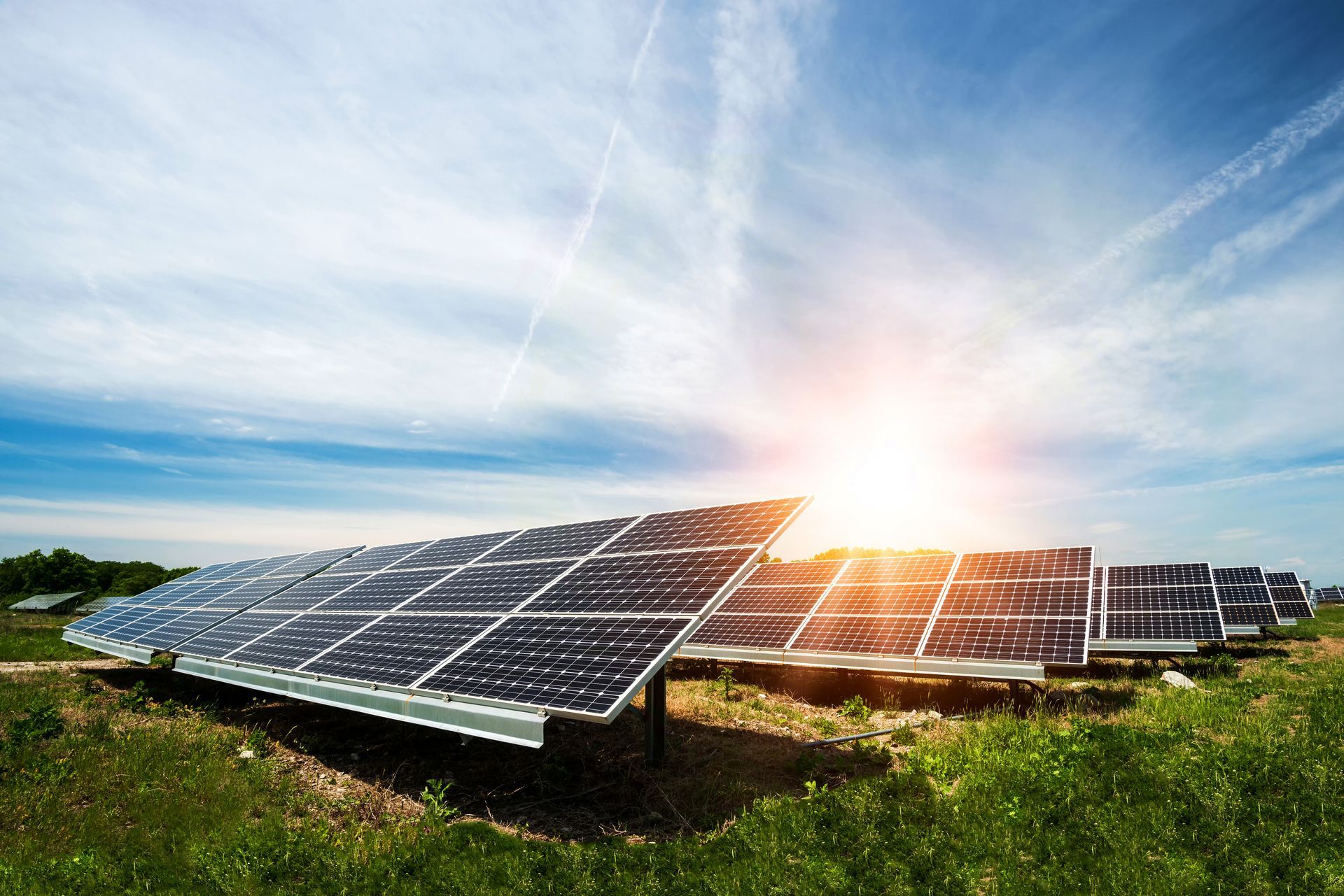 A row of solar panels in a field with the sun shining through them.