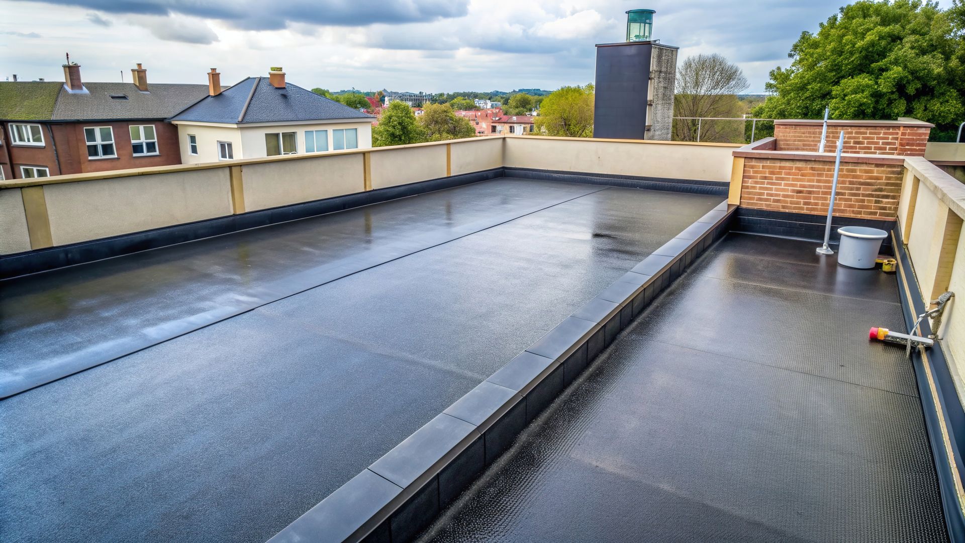 Flat rooftop with black waterproofing and surrounding buildings in view.