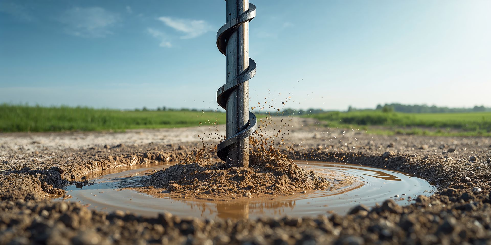 Close-up of auger drill bit creating a borehole; expert well drilling contractor service at work.