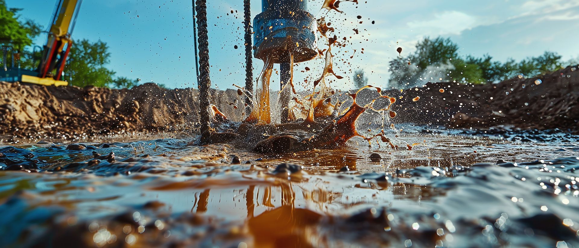 Drilling mud splashes as a professional well drilling contractor service excavates a new borehole.