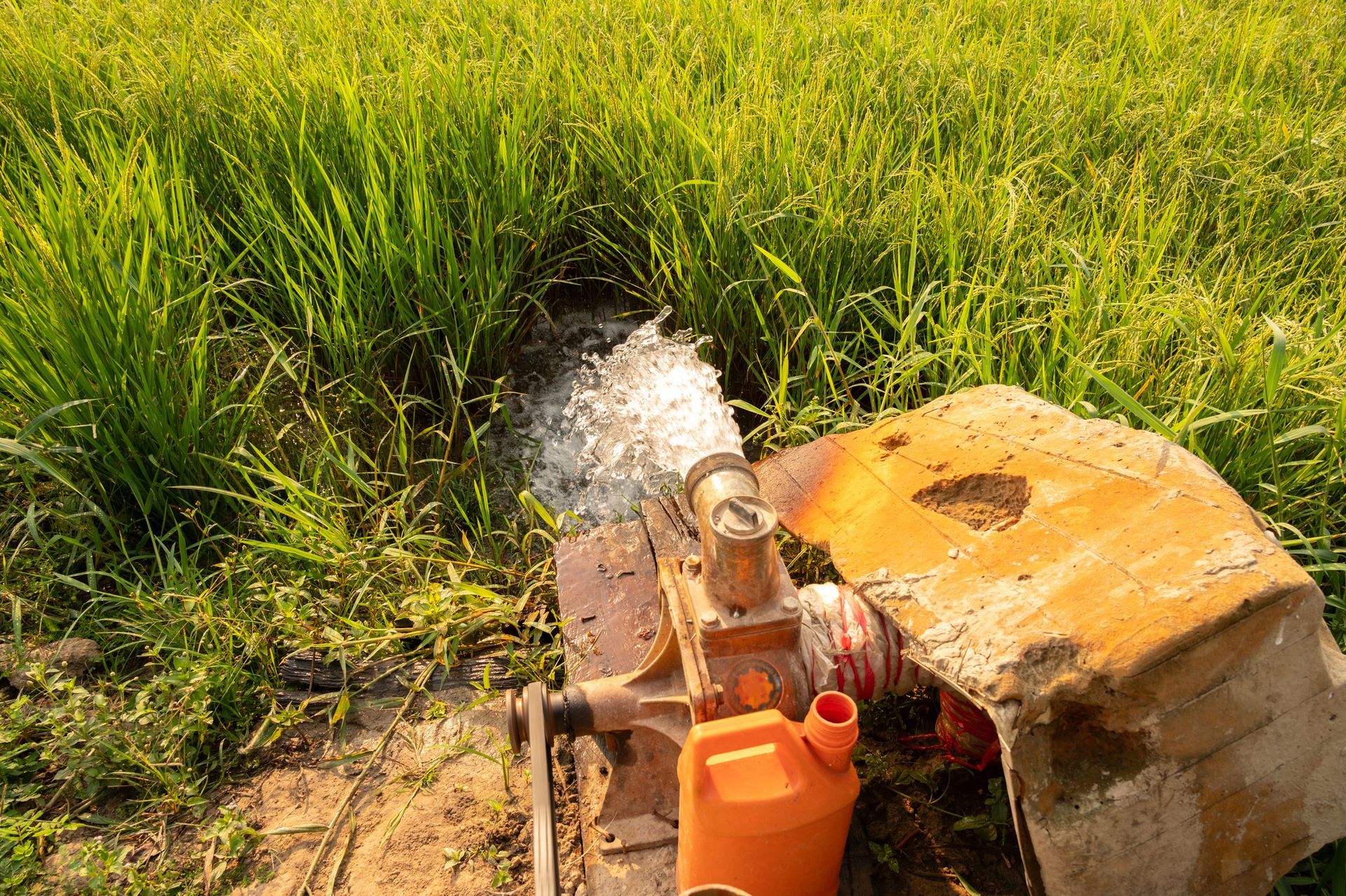 A water pump is pumping water into a field of grass.