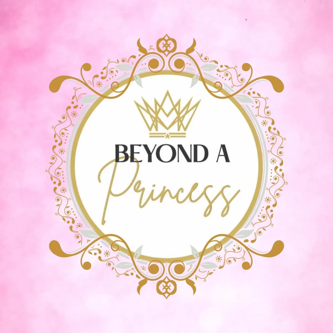 A logo for beyond a princess with a crown on a pink background.