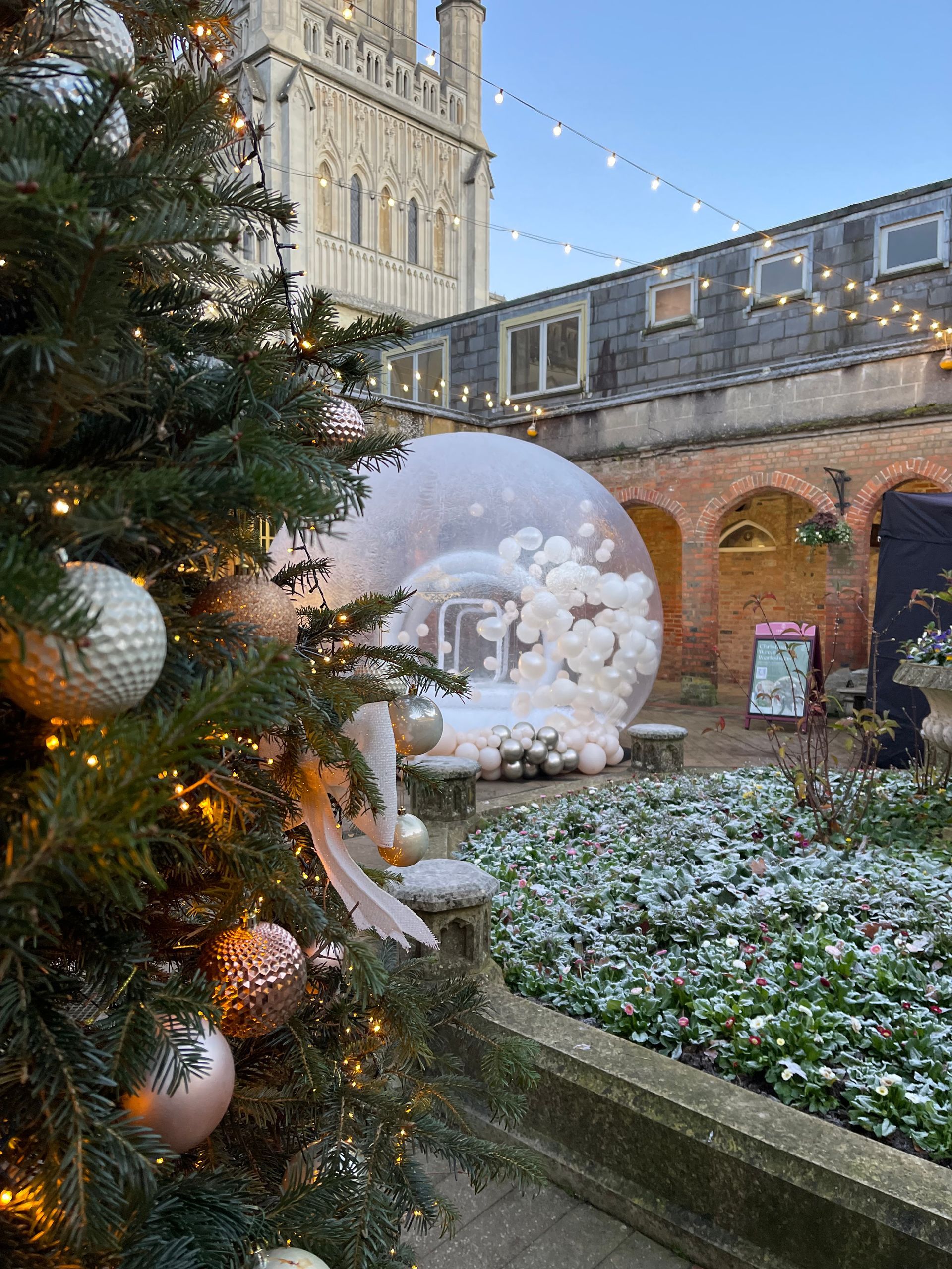 A christmas tree with a snow globe in the background.