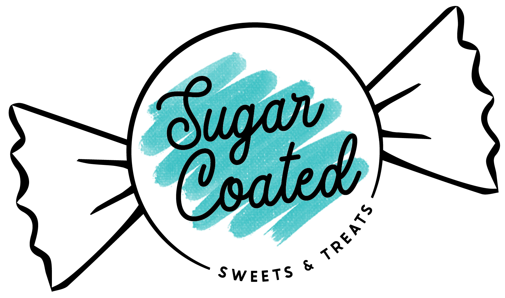 The logo for SugarCoated Sweets and Treats is a drawing of a candy wrapper.