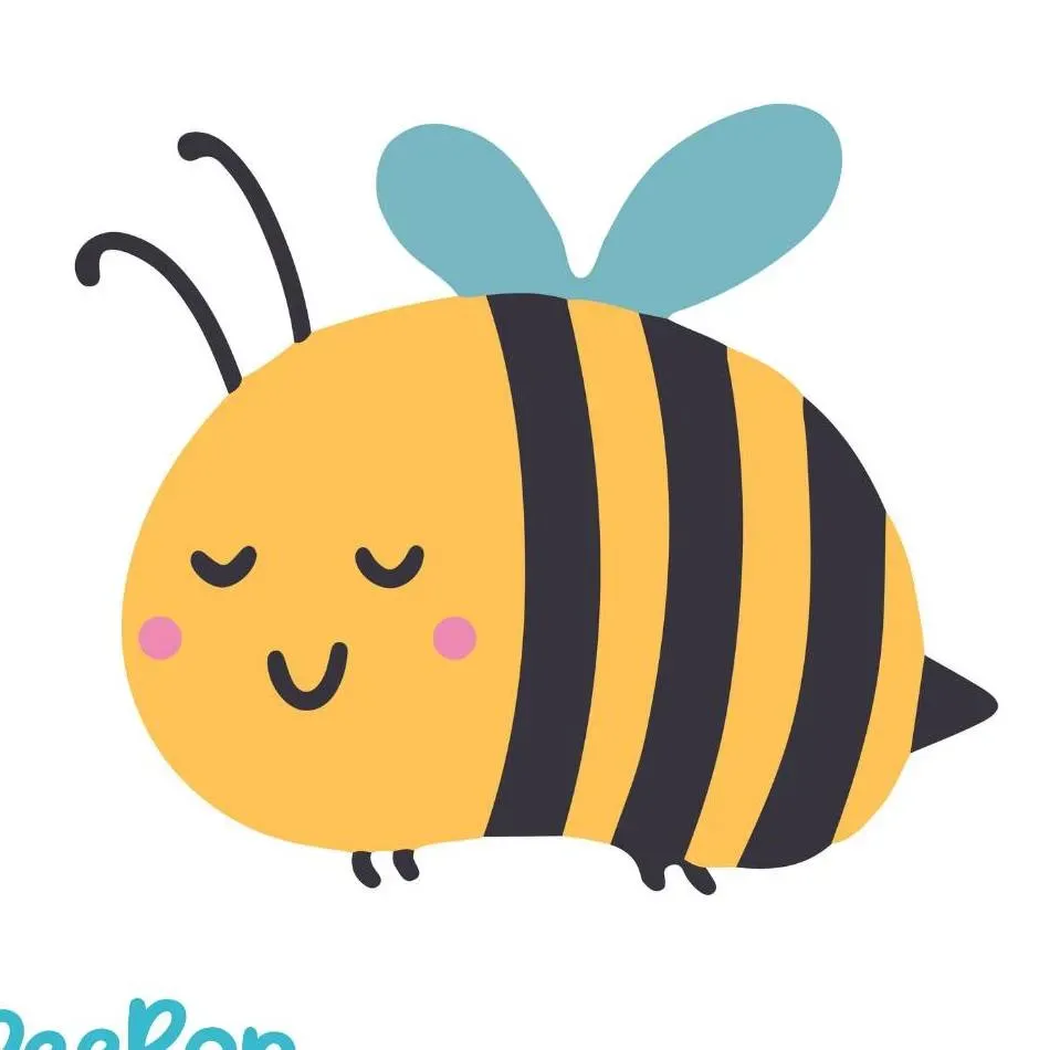 A cartoon bee with a blue wing is smiling with its eyes closed