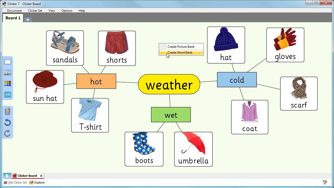 Screenshot of an example of a clicker board with a mind map of ideas about weather