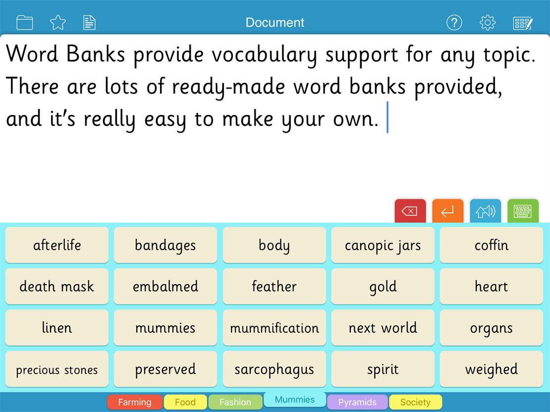 Screenshot of a word bank inside the Clicker & software and a written description of what they do in the document area above the word bank