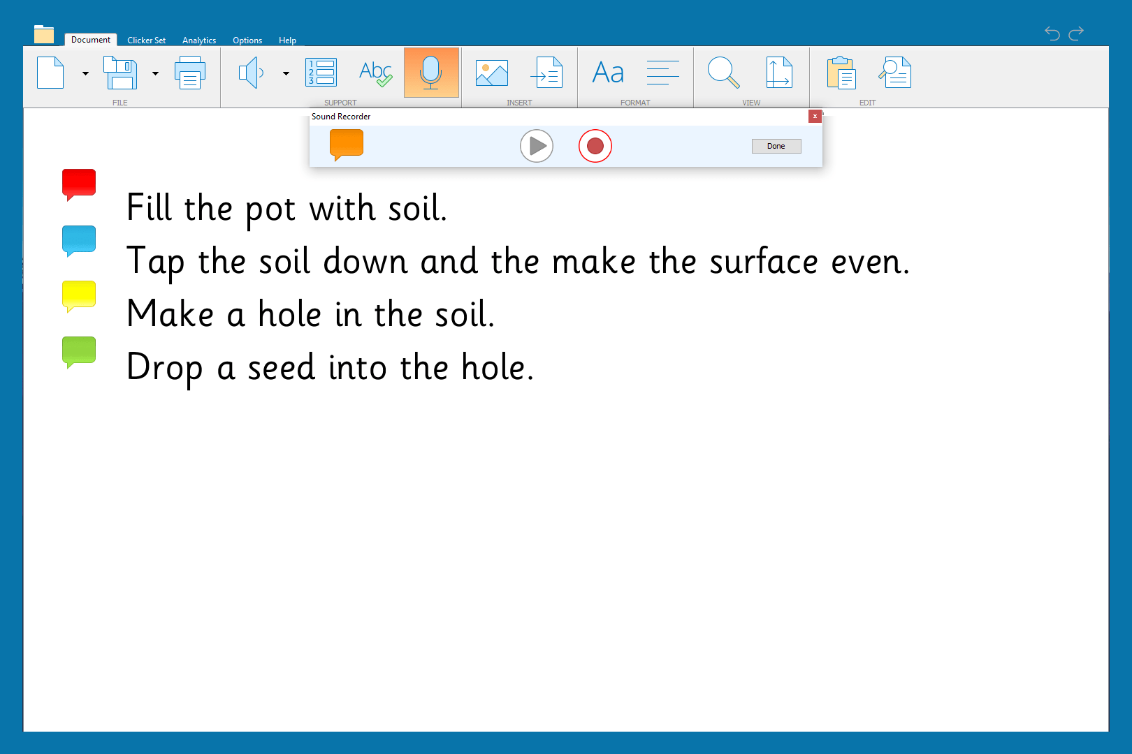 Screenshot of a document with different colored speech bubbles next to text to represent  the voice notes for each sentence.