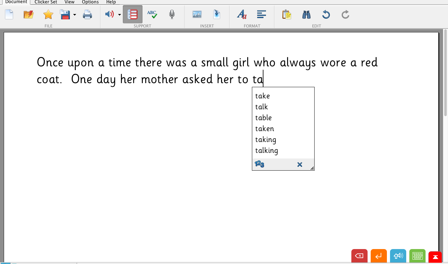 Screenshot of a Clicker 7 document with an on-screen keyboard