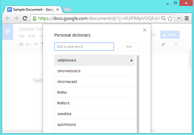 Screenshot of the personal dictionary in Google Docs open and showing the words added by a user