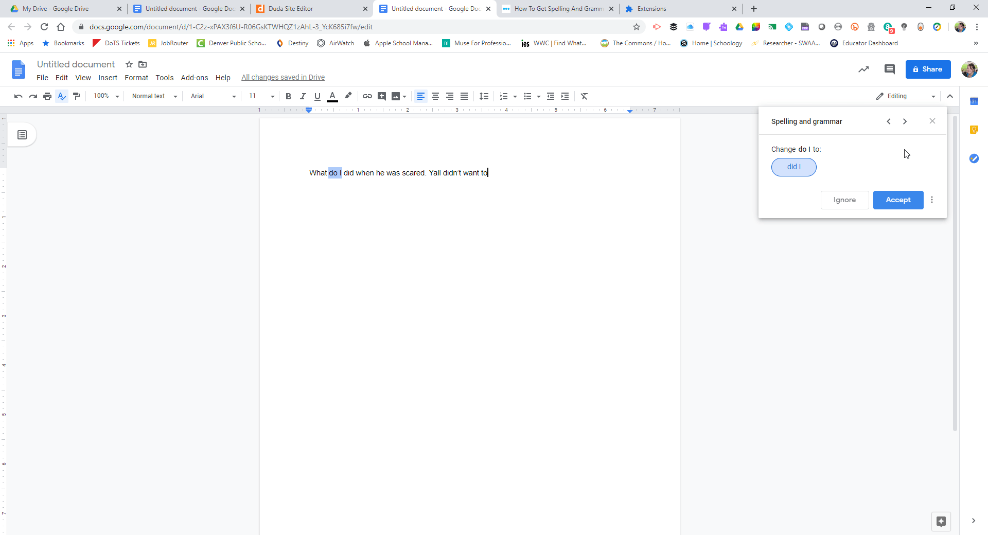 Screenshot of a Google Doc showing suggestions from the docs spelling and grammar tool for incorrect words
