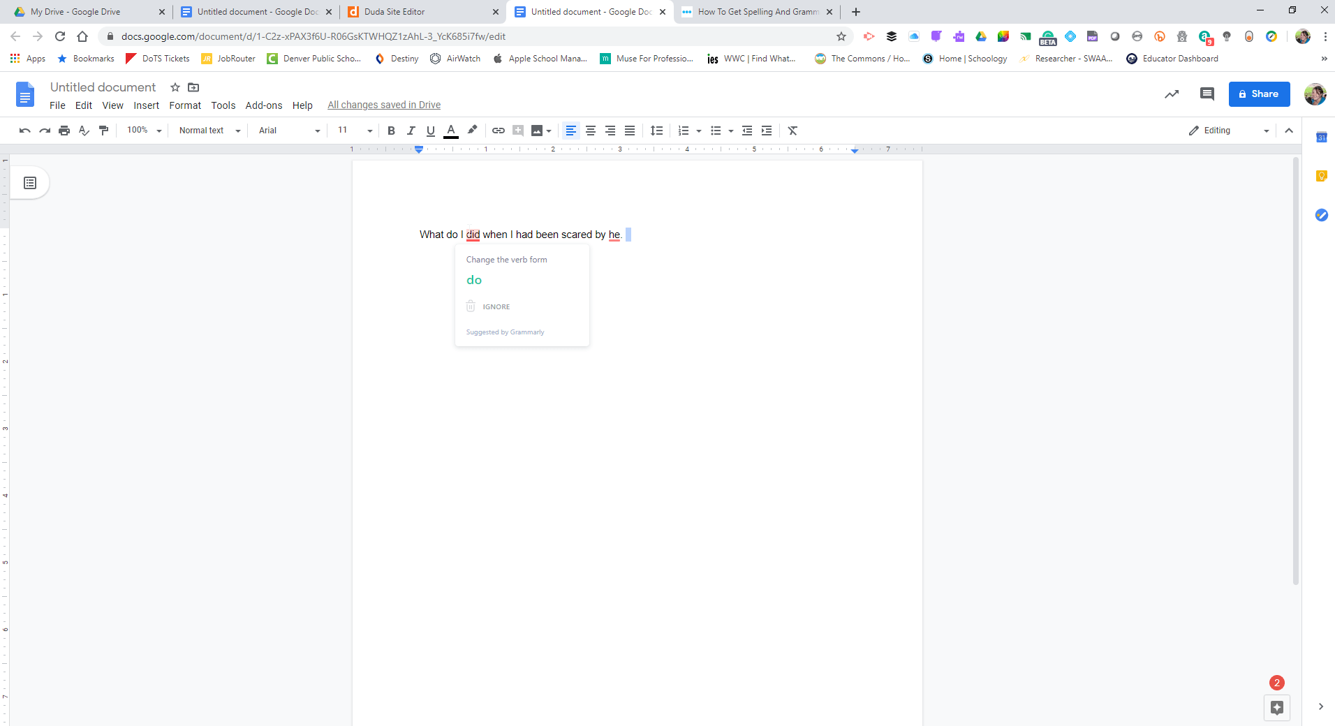 Screenshot of a Google Doc with Grammarly suggestions for incorrect words