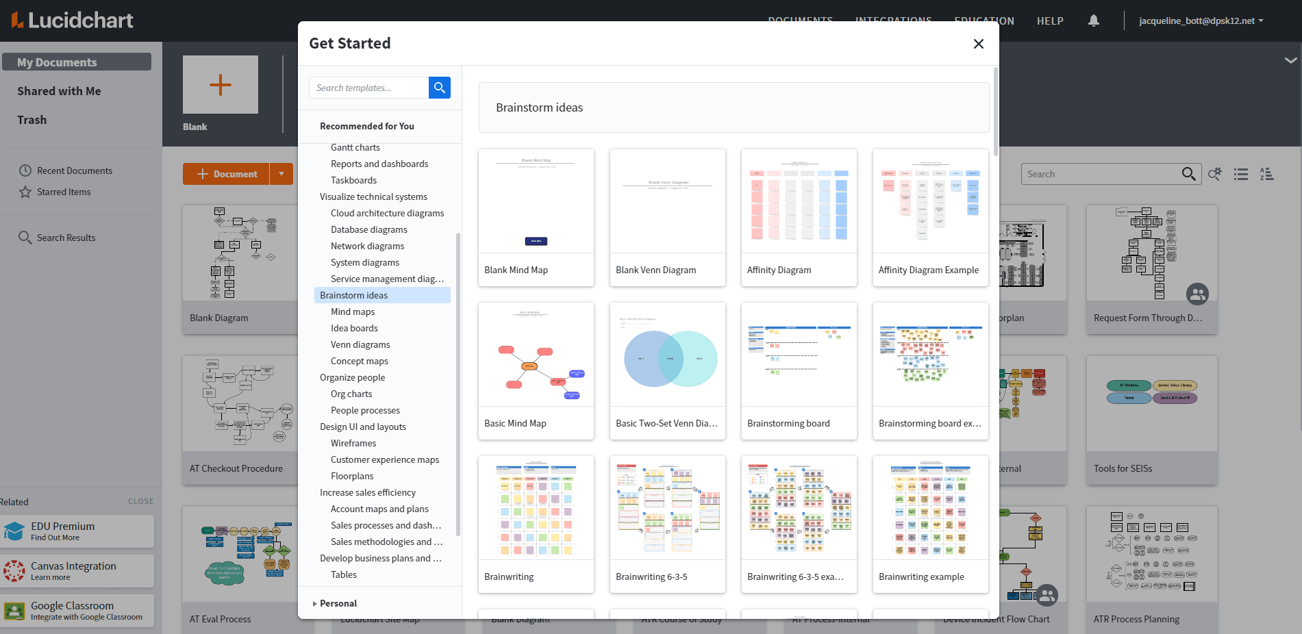 Screenshot of a the menu of template options in Lucid chart software