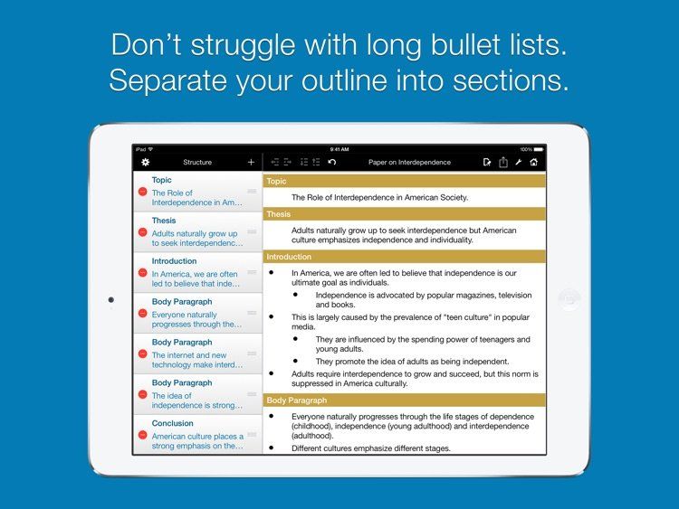 Screenshot of the outline pro app with the sections of an essay on the left and the essay created from those sections on the right
