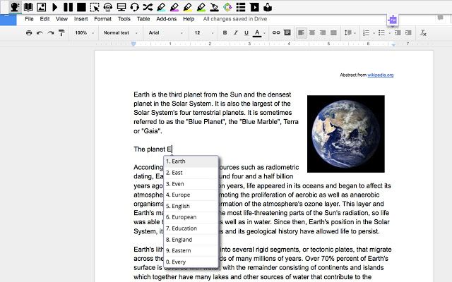 Screenshot of a google doc with word prediction tools in use