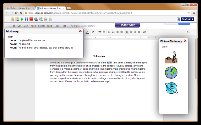 Screenshot of a google doc with the dictionary and picture dictionary features open on top