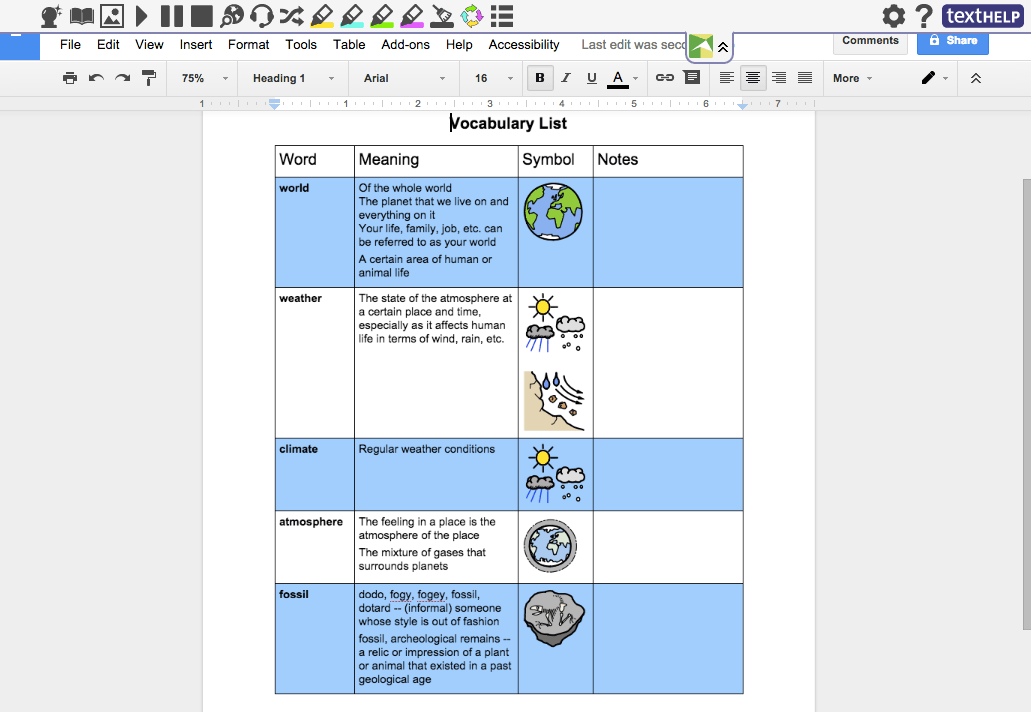Screenshot of a personal vocabulary list inside of a google doc