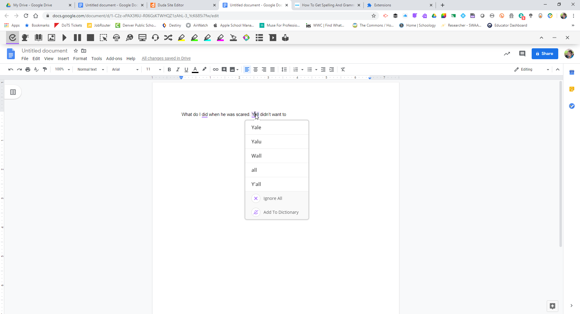 Screenshot of a google doc showing options of suggestions for incorrect grammar