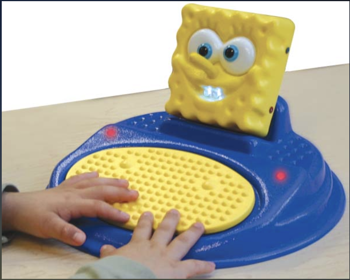 a big yellow button on a blue machine with spongebob on the top