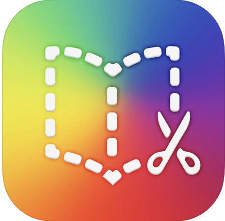 Book Creator App Icon with the outline of a book with a set of scissors on the edge on a rainbow colored background