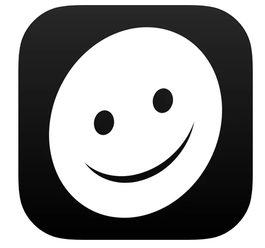 Big Bang Pictures App Icon: Black background with a large white smiley face