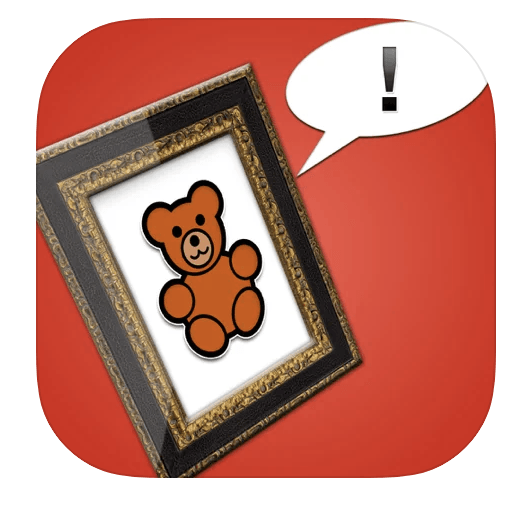 My Talking Picture Board App Icon: Drawing of a red teddy bear in a picture frame on a red background with a conversation bubble containing an exclamation point